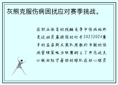灰熊克服伤病困扰应对赛季挑战。