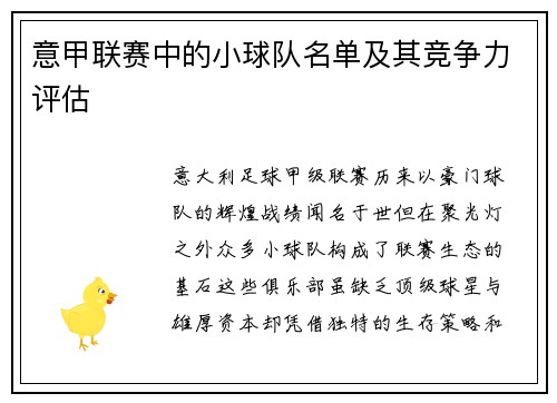 意甲联赛中的小球队名单及其竞争力评估