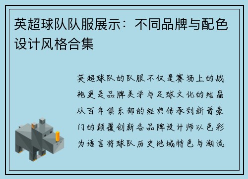 英超球队队服展示：不同品牌与配色设计风格合集