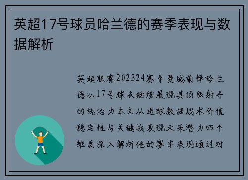 英超17号球员哈兰德的赛季表现与数据解析